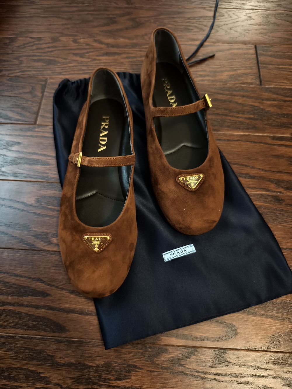 NEW - Prada Brown Suede Mary Jane Loafer with Gold Logo - Picture 3 of 6